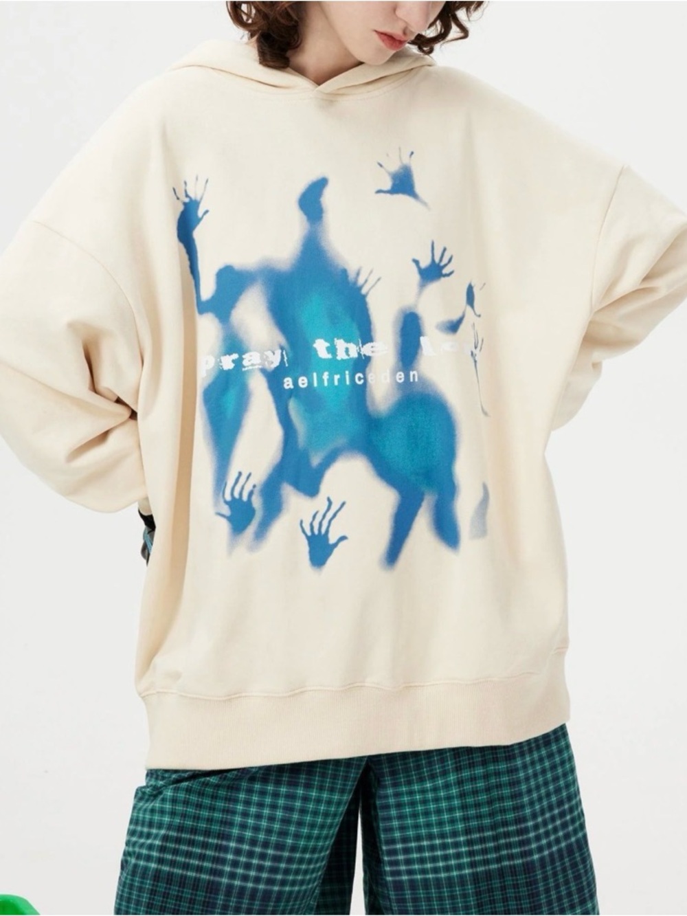 Aelfric Eden Cream Oversized Hoodie with Blue Abstract Print Size S